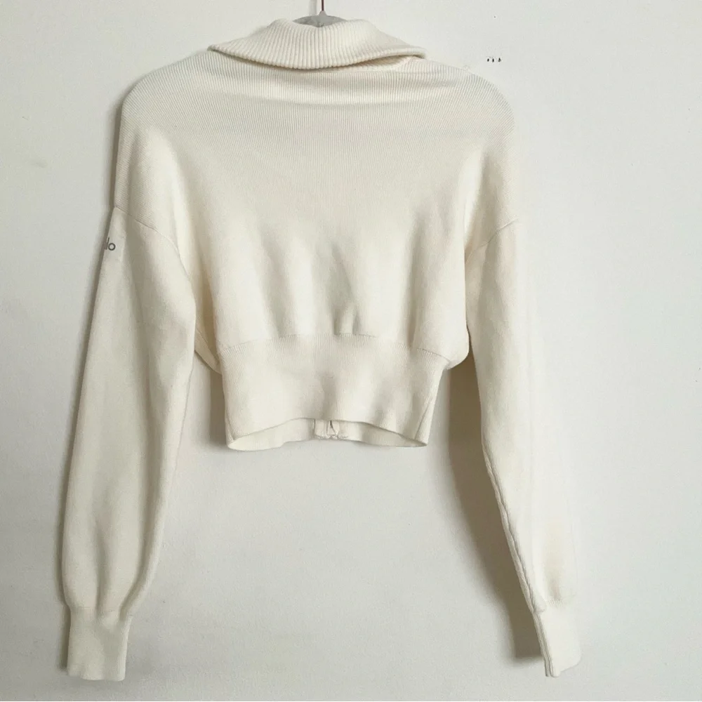 Alo Yoga Scholar Knit Cropped Full Zip Jacket Ivory XS